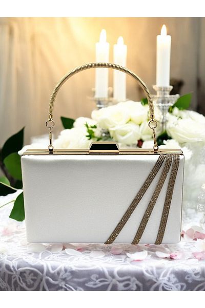 Ahenk Design Sedef Ecru Χρώμα Σατέν Σταυρός Rosegold Crystal Stone Γυναικείο βραδινό φόρεμα Τσάντα Γάμος Αρραβώνας Αποφοίτηση