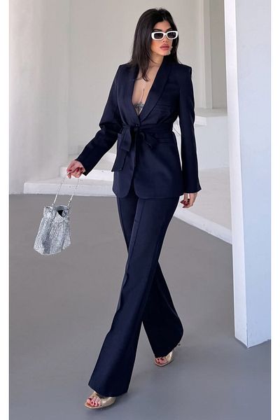 pembekurdelem Navy Blue Women's Belted Jacket and Pants Set