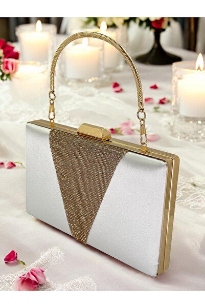 Ahenk Design Geantă de rochie de seară din satin de sidef cu piatră Rosegold ...