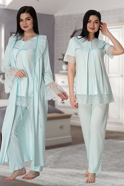 Effortt Women's Turquoise Sleeves Laced Maternity Pajamas Set with Dressing Gown 5044