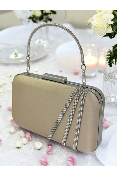 Generic Brand 2026 Collection Nude Silver Stoned Satin Evening Dress Bag Styl...