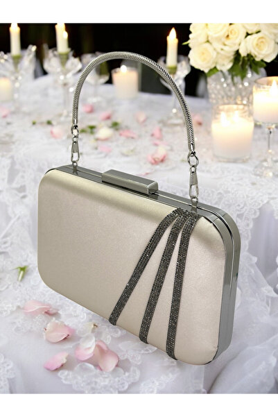 MidStore Geantă elegantă satinată culoarea pielii cu pietre platină pentru oc...