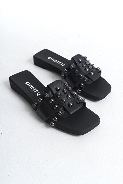 MARSEDO Kadın Düz Topuk Zımbalı Günlük Terlik Shaw Siyah