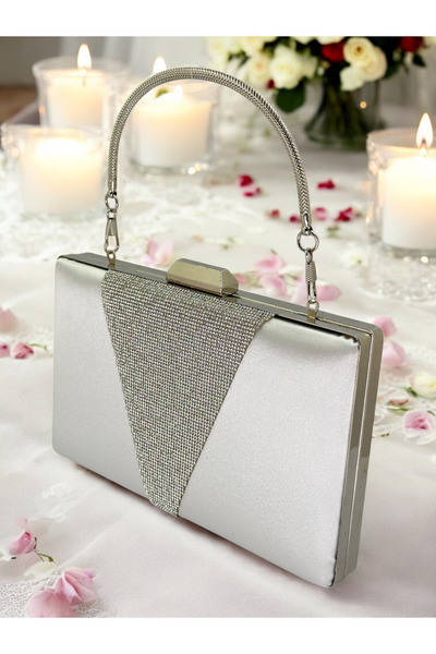 Wedding Fashion Mother of Pearl Ecru Satin Silver Stone Metal Handle Evening Dress Bag Evening Bag Engagement Wedding Bag