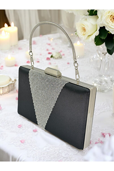 MidStore Negru Satin Argintiu Piatra Maner metalic Geanta pentru rochie de se...