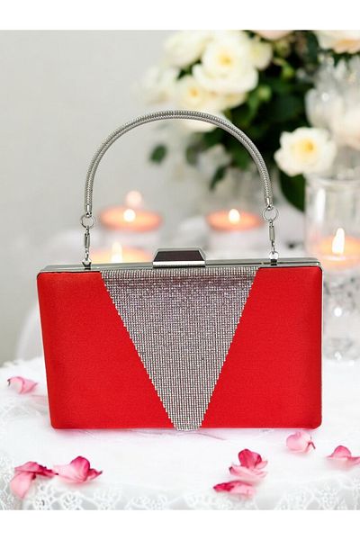 Ahenk Design Red Satin Silver Stone Metal Handle Evening Dress Bag Evening Bag Engagement Wedding Bag
