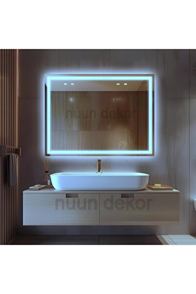 NUUN DEKOR 80x60cm Beyaz Ledli Dekoratif Banyo Aynası Kumlamalı Duvar Aynası ...