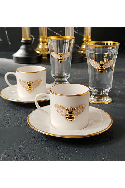 REGNA HOME Fine Living Queen Bee 2-Person Decorated Coffee Side Water Glass 6-Piece Coffee Cup Set