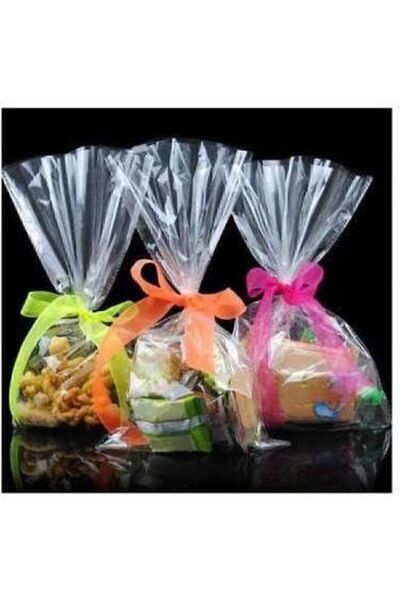 BAKOM AMBALAJ 100 Adet Şeffaf Kurabiye Şeker Poşeti 10x20cm Bantsız Şeffaf Jelatin Poşet