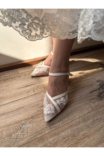 LİNEER Women's Off-White Comfortable 5 cm Heeled Lace Mesh Evening Dress Bridal Shoes