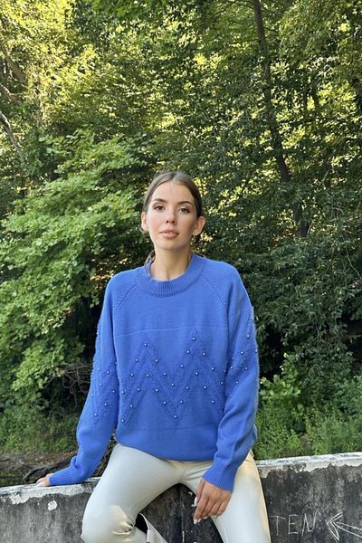 Miracle Omni Blue Zigzag Beaded Knitwear Sweater