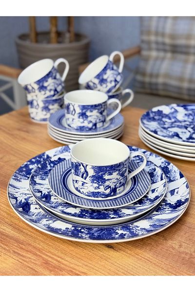 ACAR 19 Pcs Blue Blanc Porcelain Tea Cake Breakfast Set Kit