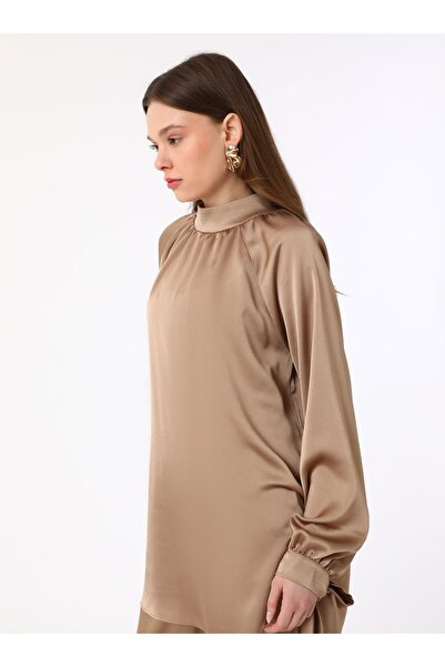 Refka Saten Bağlama Kol Detaylı Tunik&Pantolon İkili Takım - Taş - Refka