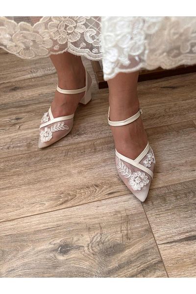LİNEER Women's Off-White Comfortable 5 cm Heeled Lace Mesh Evening Dress Bridal Shoes