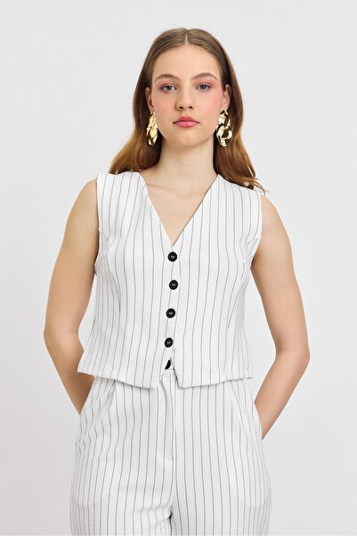 Rays 6622A Ecru Button Front Striped Vest and Trousers Set