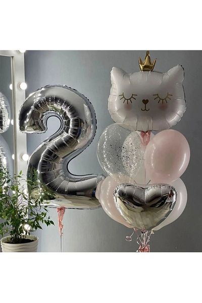 ALYA Σετ γενεθλίων PARTY 2 Ασημένιο αλουμινόχαρτο με μπαλόνια King Cat Birthday Concept