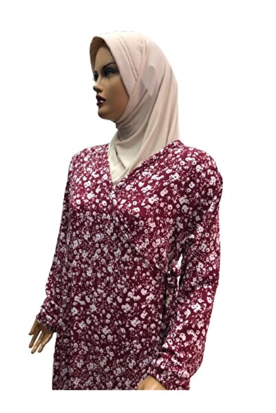 eflin Γυναικεία Ρούχα Χιτζάμπ Φόρεμα Προσευχής Βουργουνδίας-Κρεμ με Σχέδιο Λουλούδια με Στριφτό Κορδόνι