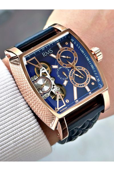 Romanson Automatic Mechanism Angular Dial Navy Blue-Copper Color Steel Case Men's Wristwatch 1054.02