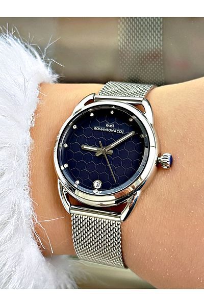 Romanson Special Design Calendar Straw Cord Silver-Navy Blue Color Steel Case Women's Wristwatch 1356.02