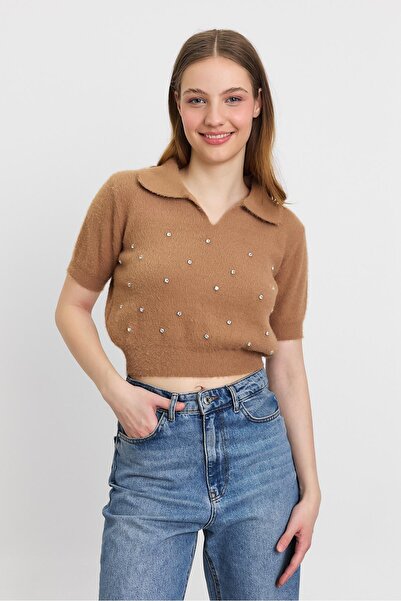 Rays 6625 Pulover Yumoş cu detalii perle, culoare camel