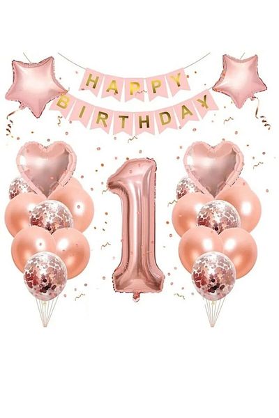 ALYA Birthday Set - Party 1 Year Old Rose Number Foil Balloon Heart