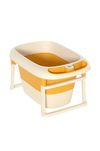 RENOVO Foldable Kids Bathtub With Thermometer, Plastic Balls, Duck Toy and Soap Tray, Yellow