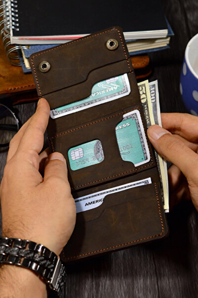 Jewelmim Koyu Kahverengi Crazy Yatay %100 Gerçek Deri Erkek Cüzdanı Hakiki Deri Cüzdan & Kartlık - Dr1129kk