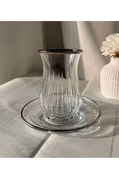 Şahika Kristal cama atılan imza 12 Piece Ahsen Platinum (Silver) Tea Set