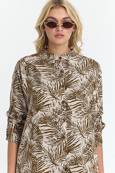 bacc Women's Brown Floral Patterned Long Tunic and Pants Woven Viscon Bottom Top Set Bcvl-25V053-2