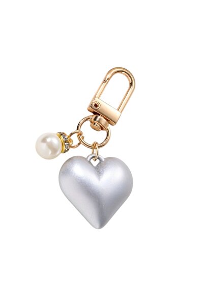 Fivy Metallic Gray Color Pearl Detailed Heart Bag Charm, Keychain