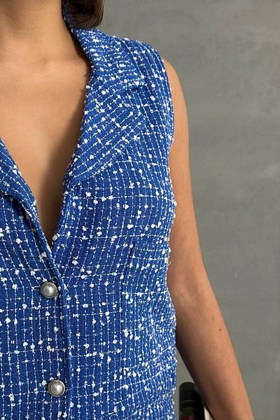 bacc Women's Blue Tweed Fabric Vest and Shorts with Pockets Bottom Top Set Bchn- 2525463