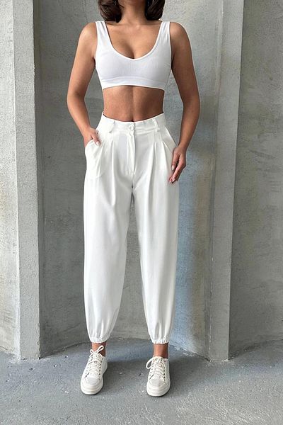bacc Pantaloni albi cu buzunare duble pentru femei Bchn- 2525202