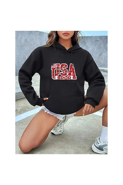 Advantage Unisex Black Usa Sport Crew Neck Cotton Oversize Hoodie Sweatshirt