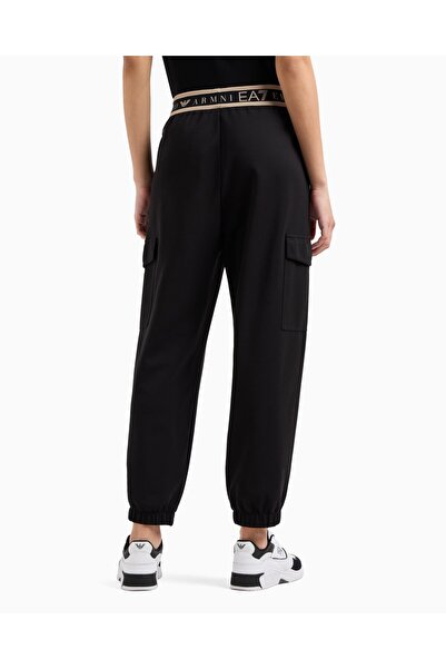 EA7 Kadın Regular Fit Marka Logolu Lastikli Bel Doğal Pamuklu Cep Detaylı Kargo Siyah Pantolon 7W000282