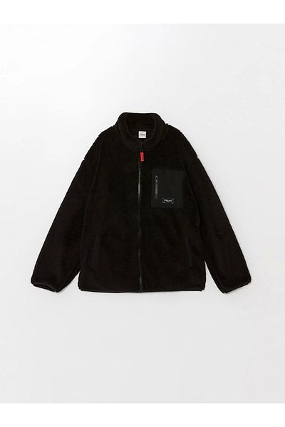 LC Waikiki Lcw Kids Black Stand Collar Boy's Fleece Cardigan