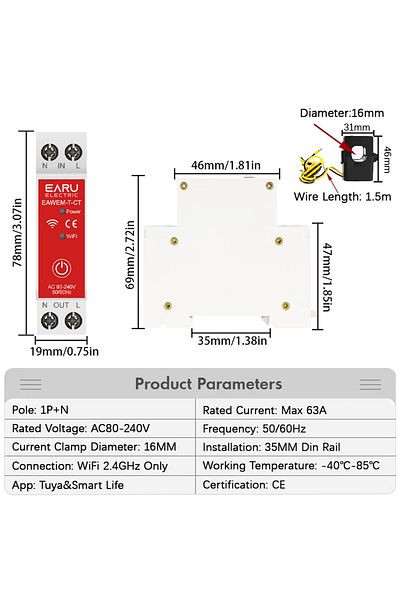 EARUELETRIC Tuya Wifi Smart Energy Meter 1p N 63a With Current Transformer Clamp Kwh Voltage Current Power Mo...