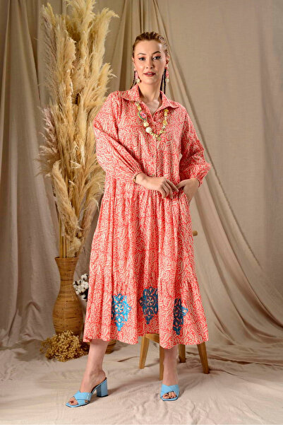 Park Moda Kadın Desenli İşlemeli Pamuklu Maxi Cepli Uzun Gömlek Elbise