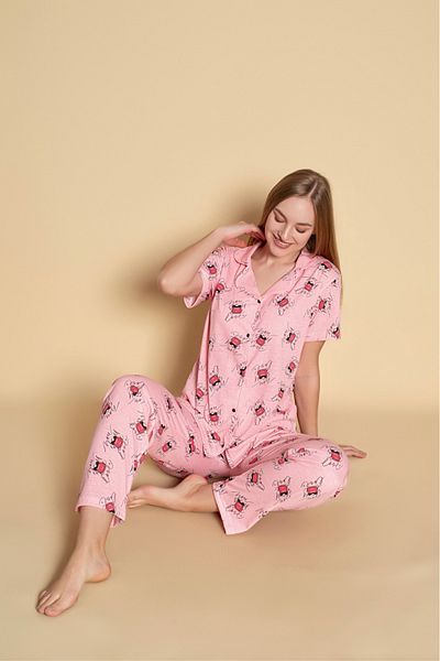 Sude HOMEWEAR Women's Shirt Patterned Short Sleeve Pajamas Current