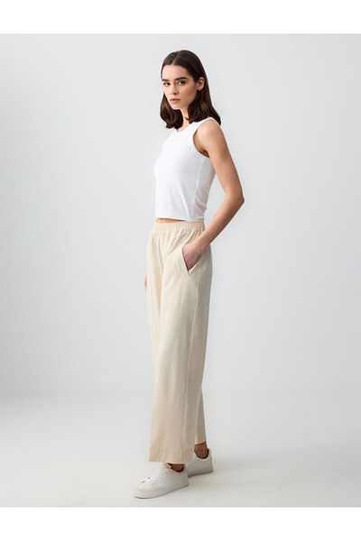Jimmy Key Light Beige Relaxed Cut High Waist Loose Wide Leg Patterned Woven Trousers