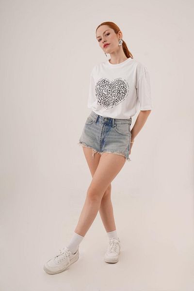 İpeksi Silky Heart Printed Crop White T-Shirt