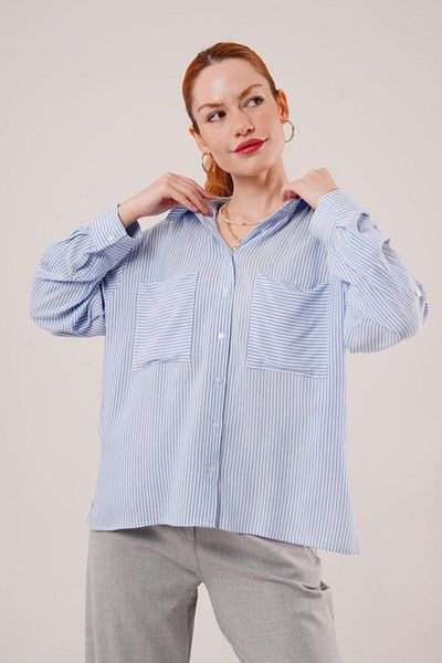 MODAVERA Bat Sleeve Striped Blue Shirt with Pocket Detail
