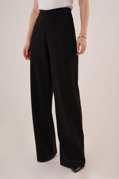 Moda Asmira    Wide Leg Side Zipper Black Fabric Trousers