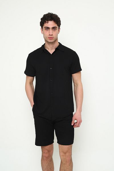 Mythologie Men's Black Wrinkled Fabric Shirt and Shorts Set - Summer Lycra Shirt Collar
