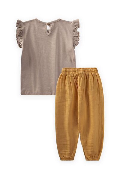 Cigit Floral Printed Muslin T-Shirt Set with Trousers 2-10 Years S Mink