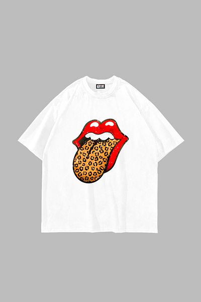 Sekizbiraltı Unisex Premium Λευκό Oversize T-Shirt - Rolling Stones Leopard Printed