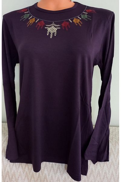 Anne Purple Long Sleeve Mother Blouse with Floor Collar Embroidery Er Clothing Summer Combed Cotton