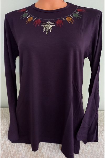 Anne Purple Long Sleeve Mother Blouse with Floor Collar Embroidery Er Clothing Summer Combed Cotton