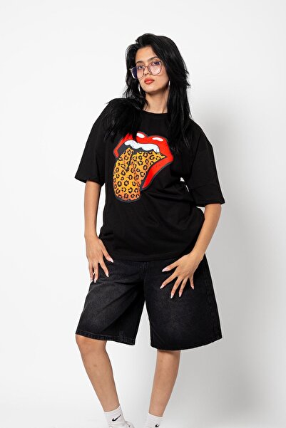 Sekizbiraltı Rolling Stones Leopard Patterned Black Oversize T-Shirt