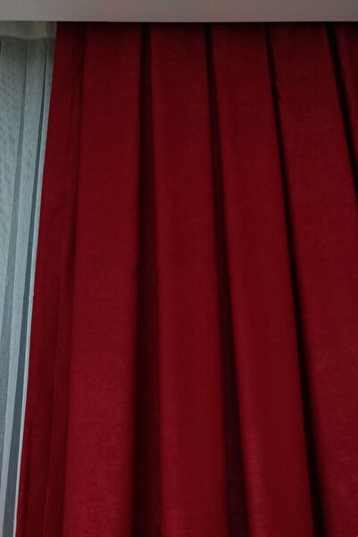farbateks Background Fabric Curtain Red Color Velvety Soft Soft Wing Side Curtain 1e 3 Draped Pleat