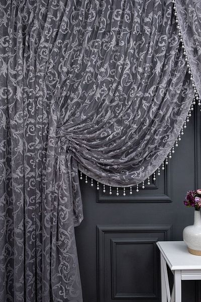 farbateks Gray Shawl Design Beaded Double Breasted Curtain Yanki Tulle Theater Model Curtain
